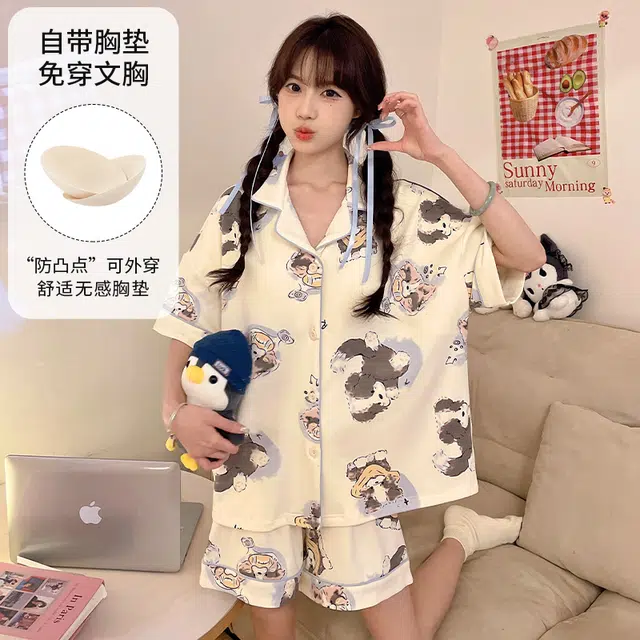 静英鸾 带胸垫短袖短裤翻领开衫可爱卡通小狗休闲舒适家居服睡衣礼盒 女款