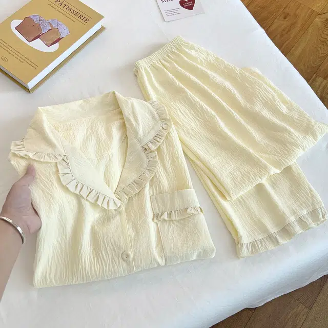 静英鸾 花边翻领开衫纯色简约长袖长裤休闲家居服秋冬季睡衣套装 女款