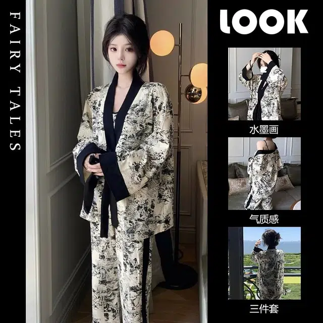 静英鸾 家居女简约可外穿亲肤透气长袖三件套服睡衣套装 女款