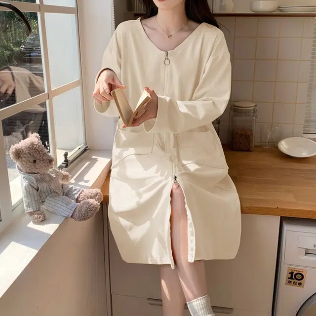静英鸾 德绒长袖长裙圆领拉链纯色舒适家居服秋冬季保暖套装 女款