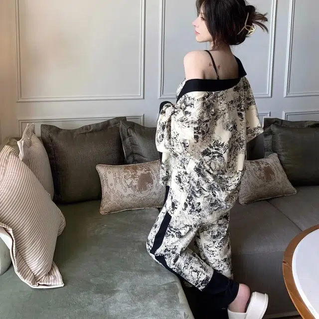 静英鸾 家居女简约可外穿亲肤透气长袖三件套服睡衣套装 女款