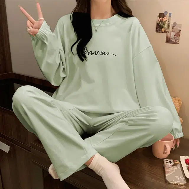 静英鸾 德绒长袖长裤圆领套头纯色简约小清新两件套家居服秋冬季保暖套装 女款
