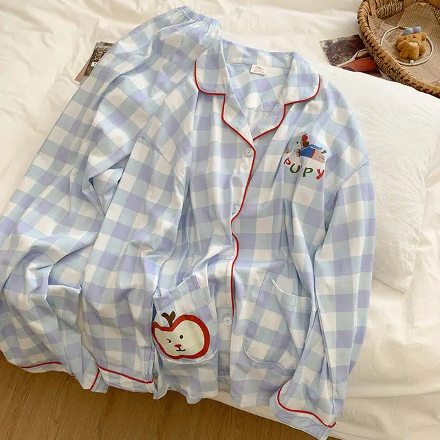 静英鸾 翻领格子卡通苹果甜美风休闲舒适家居服睡衣套装 女款