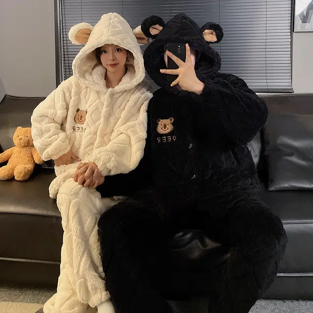 静英鸾 秋冬季曲线纯色甜美风珊瑚绒加绒加厚保暖圆领家居服睡衣套装 男女同款