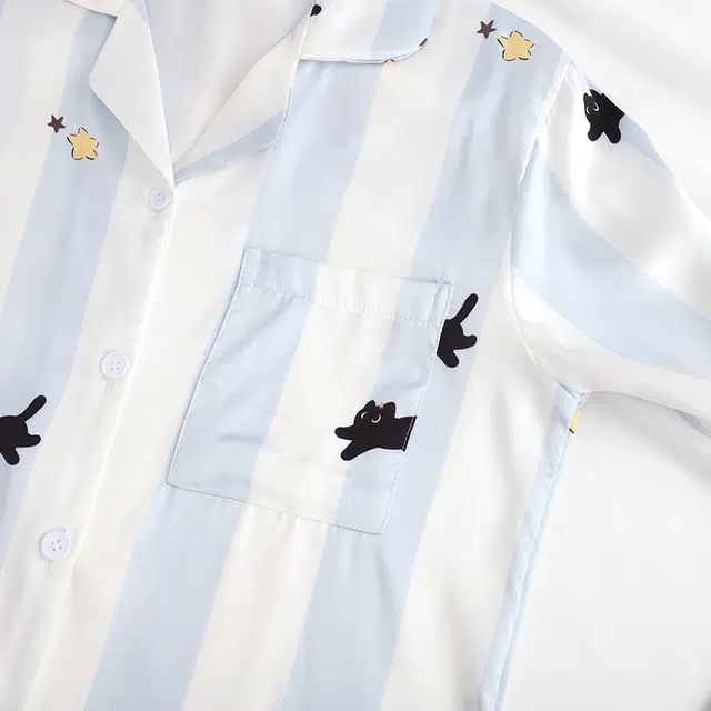 静英鸾 冰丝长袖长裤翻领开衫可爱卡通条纹小黑猫家居服秋冬季睡衣套装 女款