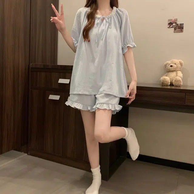 静英鸾 休闲舒适简约透气宽松圆领花边设计家居服睡衣套装 女款