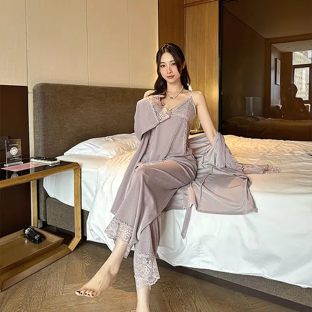 静英鸾 金丝绒长袖睡袍吊带长裤纯色甜美休闲花边性感家居服秋冬季睡衣套装 女款