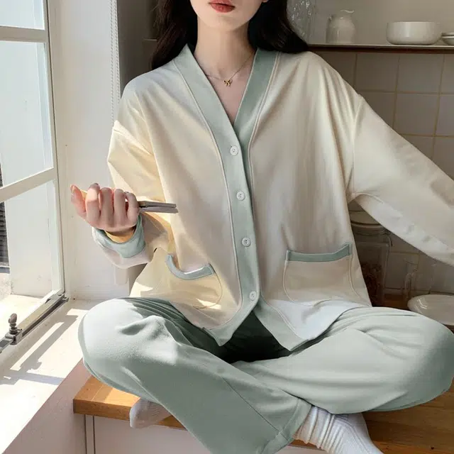 静英鸾 德绒长袖长裤和尚领开衫纯色简约小清新两件套家居服秋冬季保暖套装 女款