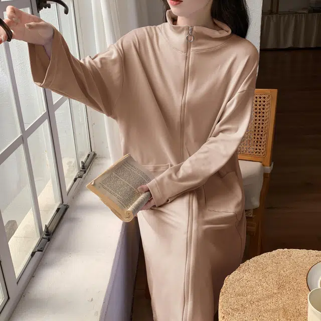 静英鸾 德绒长袖长裙翻领拉链纯色简约舒适柔软家居服秋冬季保暖套装 女款