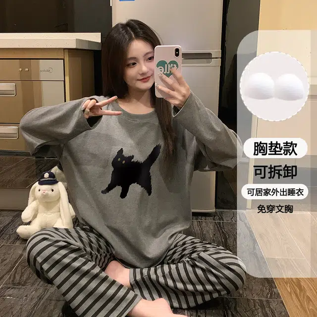静英鸾 可拆卸胸垫休闲时尚简约灰高级感卡通小猫亲肤柔软舒适可外穿家居服睡衣套装 女款