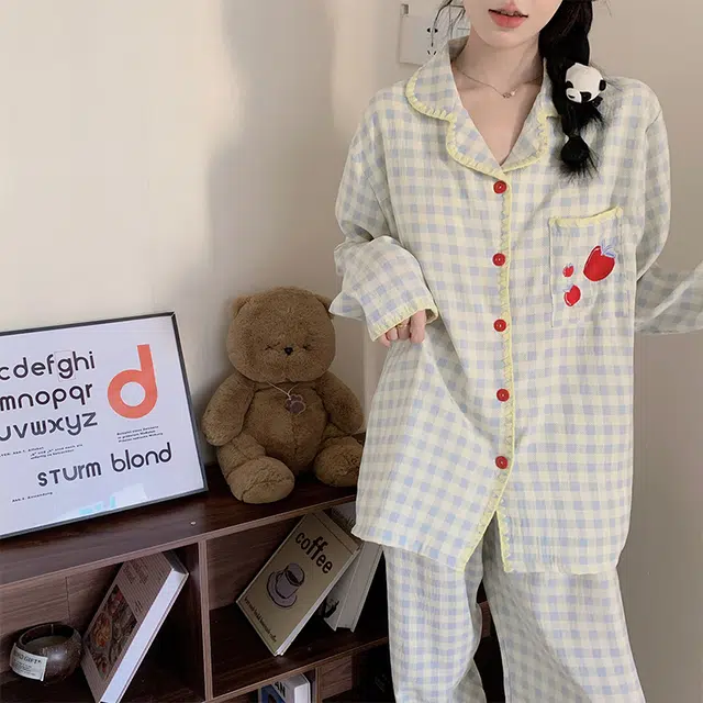 静英鸾 云朵棉长袖长裤翻领开衫纯色格子苹果两件套家居服秋冬季睡衣套装 女款
