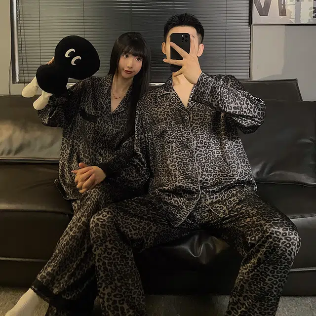 静英鸾 豹纹翻领简约风休闲时尚家居服睡衣套装 男女同款