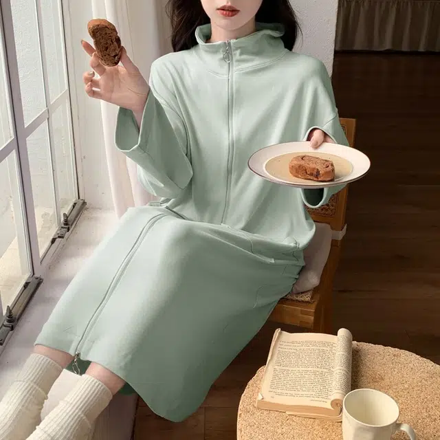静英鸾 德绒长袖长裙翻领拉链纯色简约舒适家居服秋冬季保暖套装 女款