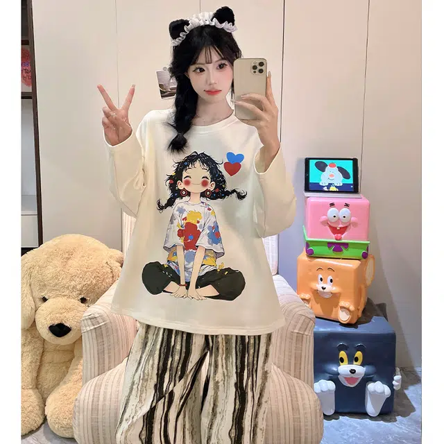 静英鸾 仿棉圆领套头长袖长裤可爱卡通小女孩条纹休闲家居服春秋季睡衣套装 女款