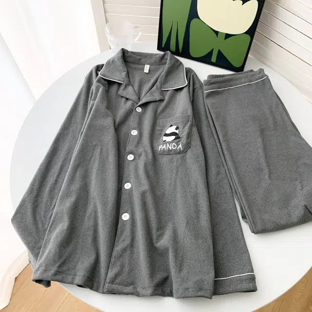 静英鸾 德绒保暖加厚翻领开衫长袖长裤纯色熊猫情侣家居服冬季睡衣套装 男女同款