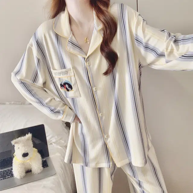 静英鸾 简约休闲时尚条纹甜美可爱卡通企鹅家居服睡衣套装 女款