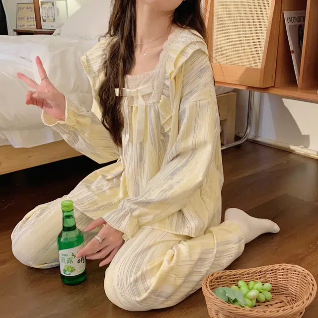 静英鸾 秋季印花蝴蝶结时尚简约风休闲舒适家居服睡衣套装 男女同款