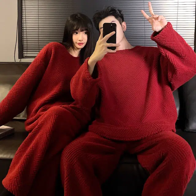 静英鸾 秋冬季纯色圆领甜美风珊瑚绒加绒加厚保暖家居服睡衣套装 男女同款