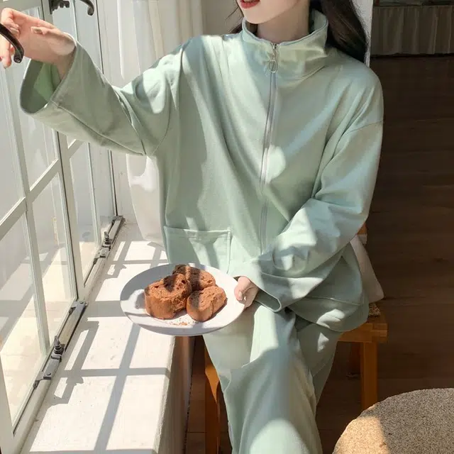 静英鸾 德绒长袖长裤翻领拉链带口袋纯色简约小清新两件套家居服秋冬季保暖套装 女款