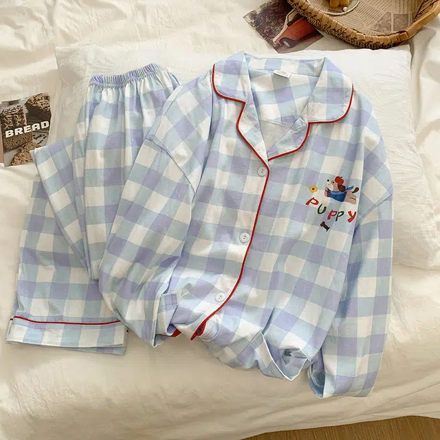 静英鸾 翻领格子卡通苹果甜美风休闲舒适家居服睡衣套装 女款