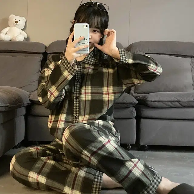 静英鸾 情侣格子长袖开衫简约设计家居服睡衣套装 男女同款
