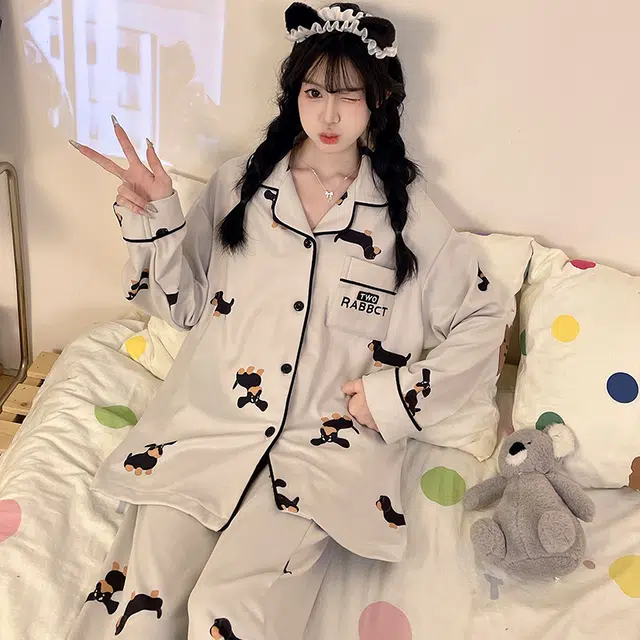 静英鸾 德绒长袖长裤翻领开衫可爱卡通小狗休闲两件套家居服秋冬季睡衣套装 女款