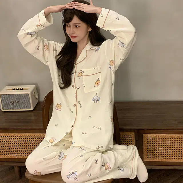 静英鸾 棉质长袖长裤翻领开衫可爱卡通休闲两件套家居服秋冬季睡衣套装 女款
