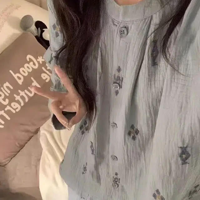 静英鸾 长袖轻便宽松舒适圆领蓝碎花开衫家居服睡衣套装 女款