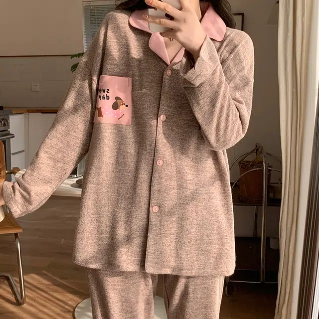 静英鸾 翻领简约甜美休闲时尚卡通小狗亲肤舒适可外穿家居服睡衣套装 女款