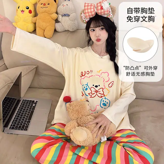 静英鸾 带胸垫圆领套头长袖长裤简约多巴胺条纹小狗家居服春秋季睡衣套装 女款