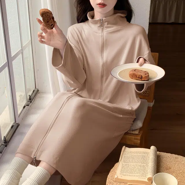 静英鸾 德绒长袖长裙翻领拉链纯色简约舒适柔软家居服秋冬季保暖套装 女款