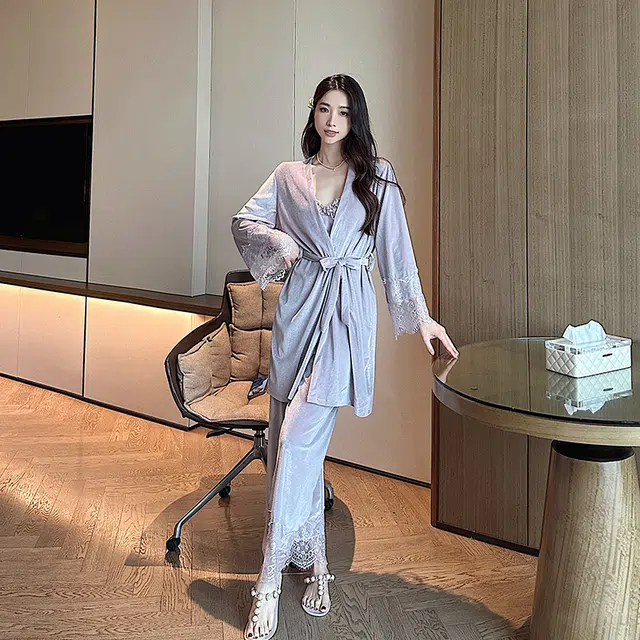 静英鸾 金丝绒长袖睡袍吊带长裤纯色花边性感休闲家居服秋冬季睡衣套装 女款