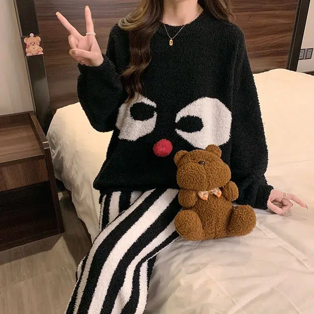 静英鸾 珊瑚绒保暖加绒加厚搞怪卡通圆领长袖长裤休闲家居服睡衣套装 女款