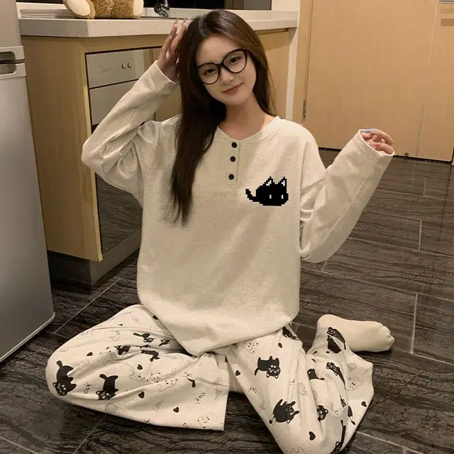 静英鸾 圆领开衫甜美卡通小猫长袖长裤休闲家居服秋冬季睡衣套装 女款