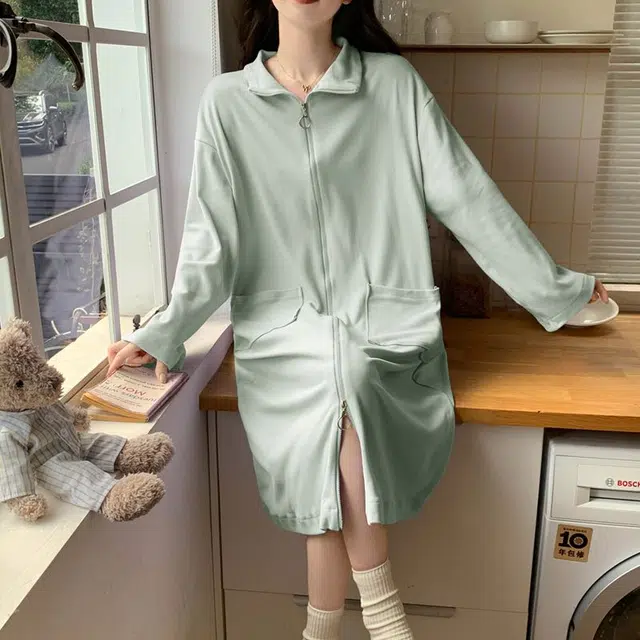 静英鸾 德绒长袖长裙翻领拉链纯色简约舒适家居服秋冬季保暖套装 女款