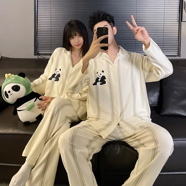 静英鸾 翻领条纹卡通熊猫简约风休闲舒适家居服睡衣套装 男女同款