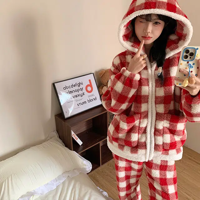 静英鸾 休闲时尚拉链连帽甜美简约红格子法兰绒柔软舒适可外穿家居服睡衣套装 女款