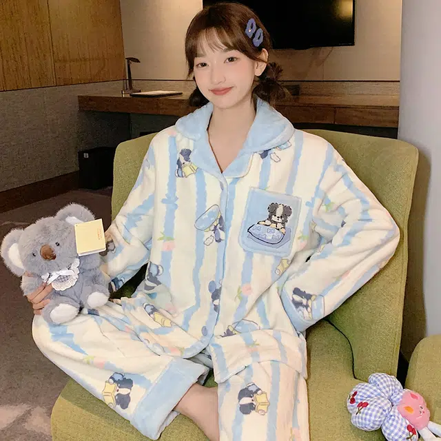 静英鸾 翻领简约休闲时尚甜美可爱卡通小狗法兰绒亲肤柔软舒适可外穿家居服睡衣套装 女款