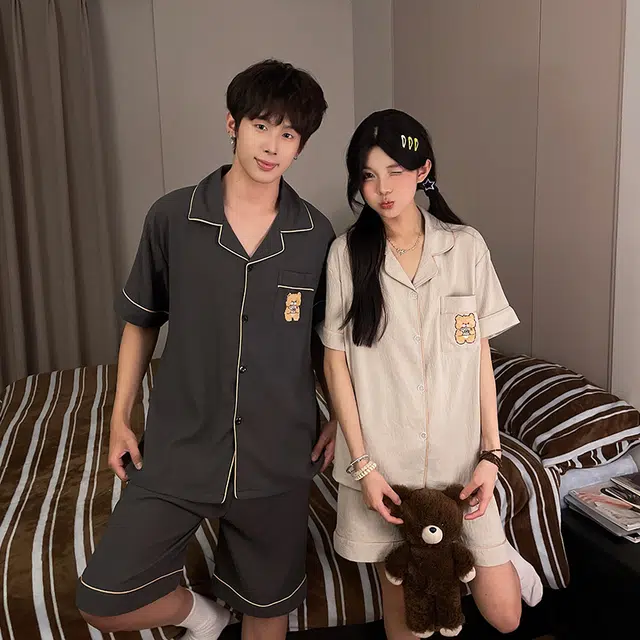 静英鸾 家居情侣休闲风格可外穿三件套服睡衣套装 男女同款