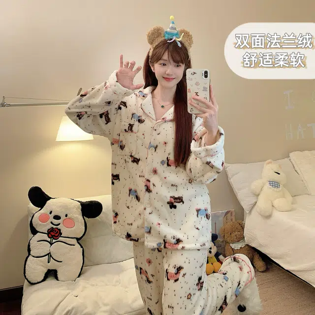 静英鸾 冬季宅家可爱腊肠狗甜美风珊瑚绒加绒加厚家居服睡衣套装 女款