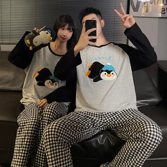 静英鸾 纯棉卡通可爱趴趴企鹅圆领套头长袖长裤休闲家居服秋冬季睡衣套装 男女同款