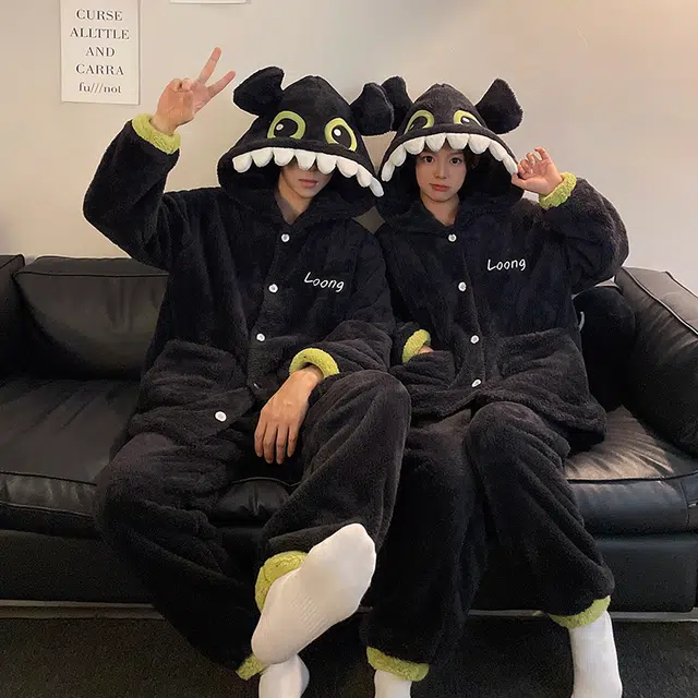 静英鸾 小怪兽卡通可爱珊瑚绒加厚加绒连帽秋冬季保暖家居服睡衣套装 男女同款