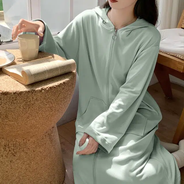 静英鸾 德绒长袖长裙连帽拉链纯色简约小清新家居服秋冬季保暖套装 女款
