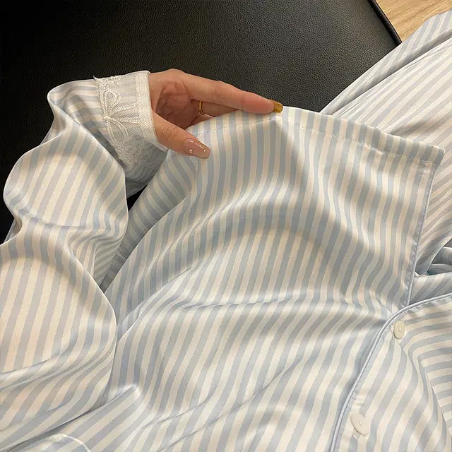 静英鸾 长袖长裤翻领设计简约条纹轻盈家居服睡衣礼盒 女款