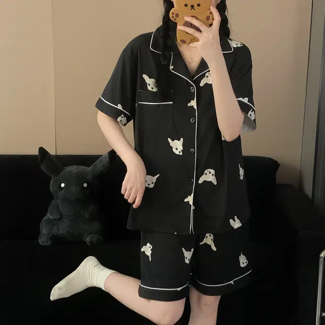 静英鸾 简约法斗犬短袖长裤春夏秋款家居服三件套睡衣套装 女款