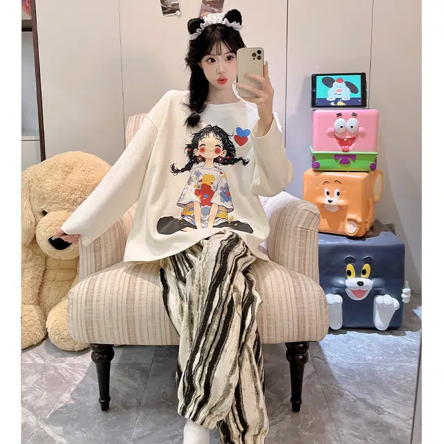 静英鸾 仿棉圆领套头长袖长裤可爱卡通小女孩条纹休闲家居服春秋季睡衣套装 女款