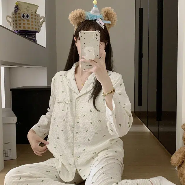 静英鸾 长袖长裤舒适透气亲肤简约蝴蝶结满印可外穿家居服睡衣礼盒 女款