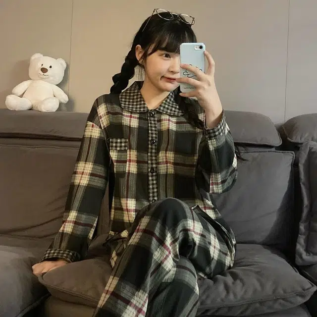 静英鸾 情侣格子长袖开衫简约设计家居服睡衣套装 男女同款