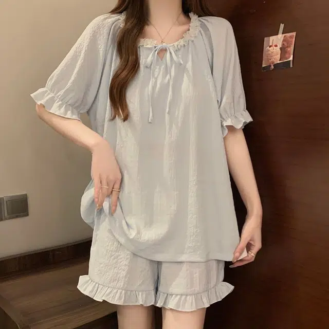 静英鸾 休闲舒适简约透气宽松圆领花边设计家居服睡衣套装 女款