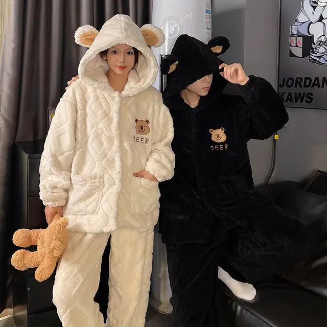 静英鸾 秋冬季曲线纯色甜美风珊瑚绒加绒加厚保暖圆领家居服睡衣套装 男女同款